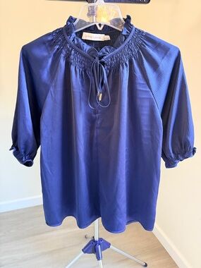 New bishop + young Deep Blue Smocked Tie-Neck Blouse S